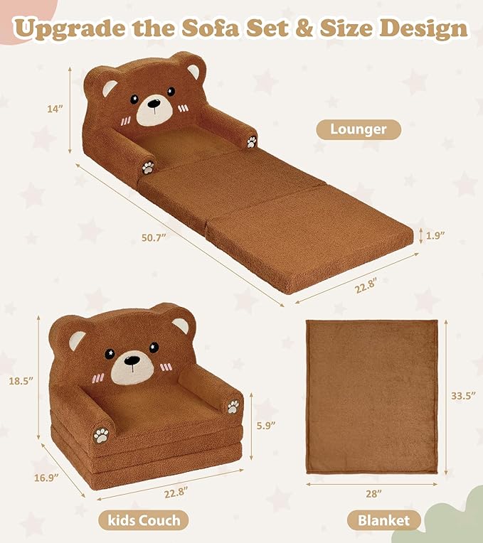 Kids Couch, 2-in-1 Soft Toddler Couch Fold Out with Blanket, Chair Comfy, Foldable Convertible Plush Sofa to Lounger, Gifts for Kids Girl Boys, Teddy Bear