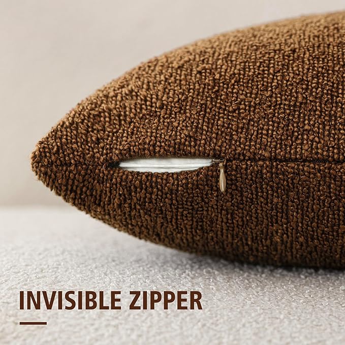 Foindtower Set of 2, Decorative Textured Boucle Throw Pillow Covers Accent Solid Pillow Cases Neutral Soft Cozy Couch Cushion Case for Chair Sofa Bedroom Living Room Home Decor 24x24 Inch Hazel Brown