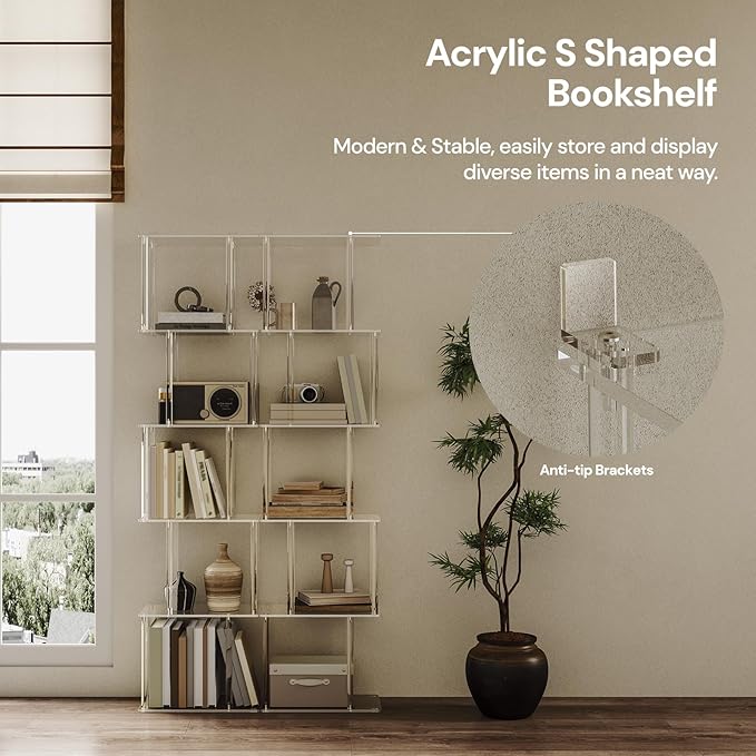 Acrylic Geometric Bookshelf for Small Spaces, 6-Tier Tall Clear S Shaped Bookcase, Modern Open Book Shelf for Living Room, Bedroom, Office, 9.3" D x 15.6" W x 61" H, Easy Assembly
