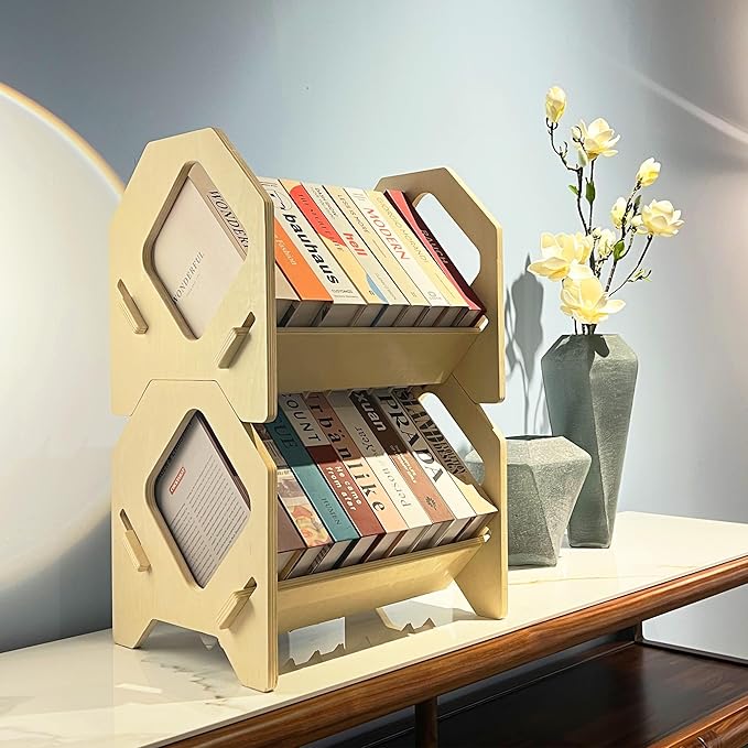 2 Pack Desktop Bookshelf, Stackable Book Organizer with Handle, Storage Rack for CD/Magazine/File Folder, Portable Small Bookshelf for Study, Living Room, Kid's Room, No Nails, Medium Size