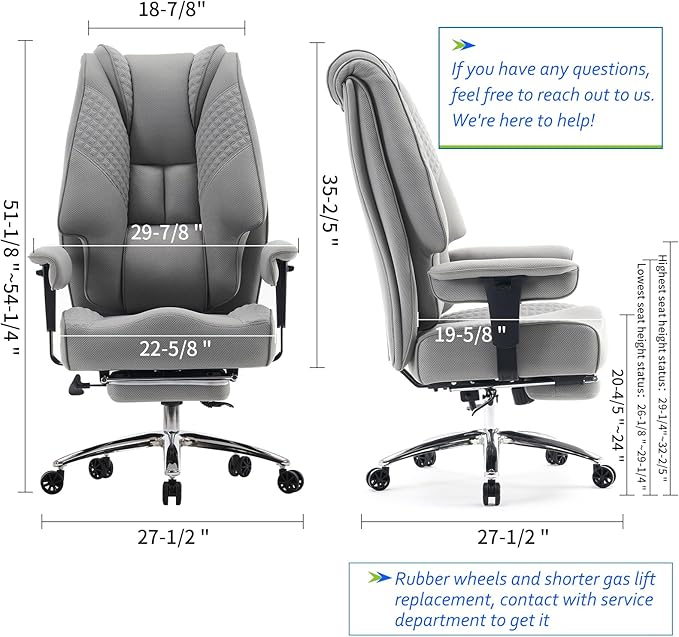 Big and Tall Office Chair 400lbs Wide Seat, Leather High Back Executive Office Chair with Foot Rest, Ergonomic Chairs Lumbar Support for Lower Back Pain Relief (Mesh Light Grey)