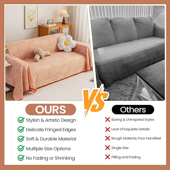STACYPIK Boho Sofa Cover for Pets, Orange Geometric Couch Cover for 3 Cushion Sofa, Washable Dogs Protector for Living Room, Anti-Slip Sectional Covers for Loveseat with Tassel Throw Blanket-71X150IN