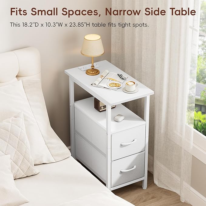Vagusicc White End Table with Charging Station, Narrow Side Table, 23.8'' Tall Nightstand with 2 Fabric Drawers, Small Sofa Side Table Narrow Nightstand for Small Spaces, Living Room, Bedroom, White