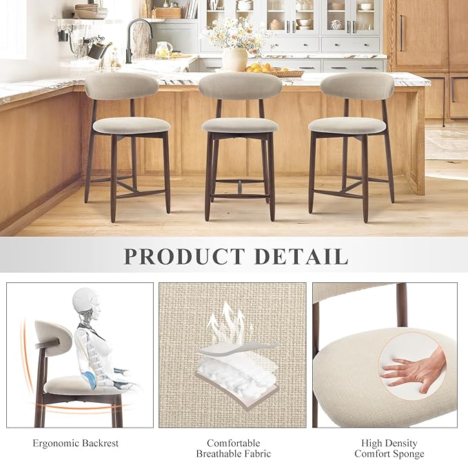 COLAMY Counter Height Bar Stools Set of 3, Kitchen Bar Stools with Back, Mid Century Modern Upholstered, with Wood Legs for Kitchen Island Dining Room, Beige