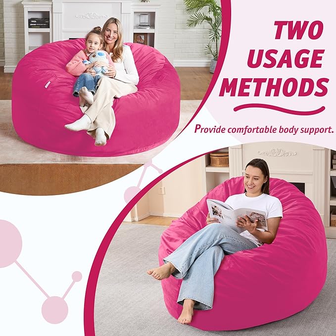 5FT Bean Bag Chair with Ultra Soft Velvet Cover Bean Bag Sofa with Memory Foam Bean Bag Chairs with Large Size Lazy Sofa for Dorm Office Living Room Bedroom Hot Pink 5'