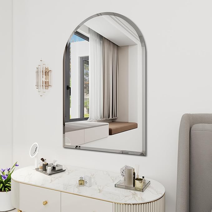 Arched Bathroom Mirror, 31X32 inch Arched Frameless Mirror, Arch Wall Mirror，Frameless Mirrors for Bathroom,Beveled Bathroom Mirror.