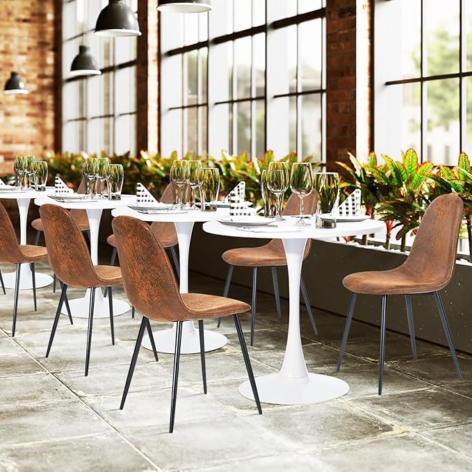 FurnitureR Dining Chairs Set of 6, Fabric Suede Dining Room Side Seating, Kitchen Chairs Mid-Back with Metal Legs for Living Room, Restarant, Cafe, Brown