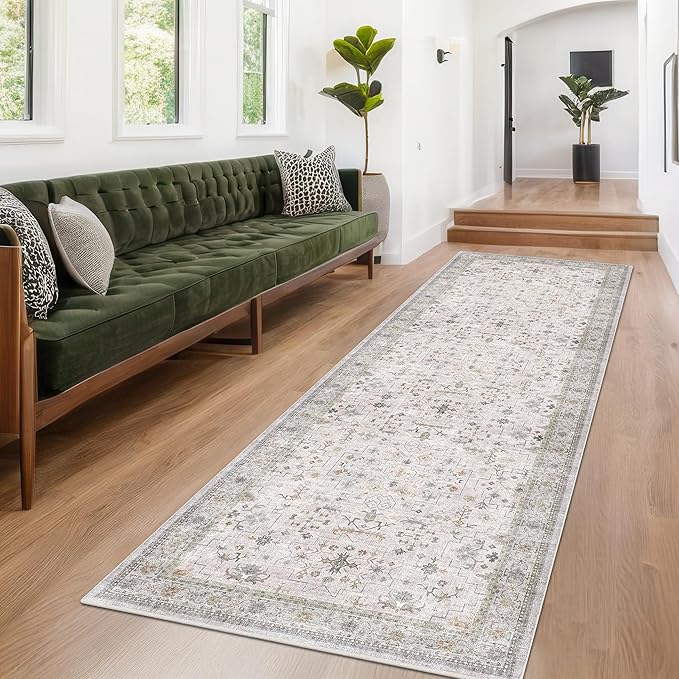 Geometric 3x20 Wide Hallway Runner - Light Gray with Taupe Accent, Boho Floral Pastel Decor, Washable Low Pile Non Slip Stain Resistant Rug for Long Kitchen, Hall Way