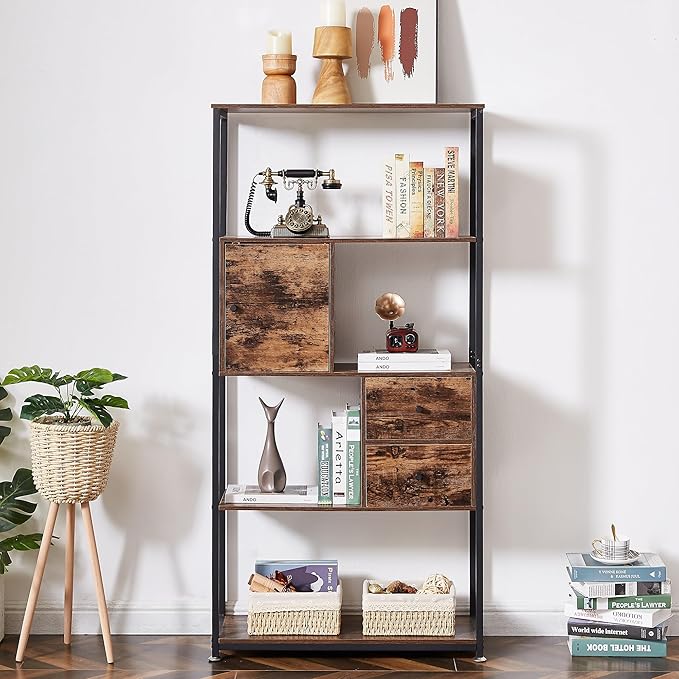 VECELO 5-Tier Bookshelf,Bookcase with 2 Storage Drawers and 1 Cabinet, Wood Shelves with Metal Frame,Open Book Shelves Standing Shelf Unit for Living Room, Bedroom,Office,Kichen
