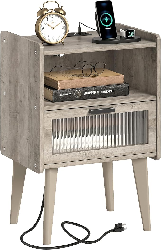 Nightstand with Charging Station, Bedside Tables Oak Grey End Table Side Table with 2 Tiers Storage Space, for Bedroom Living Room MLBZ07GE