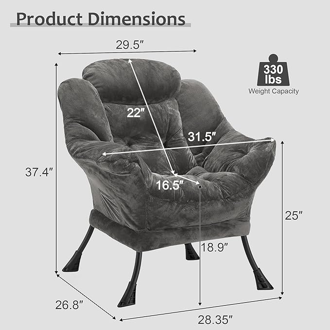 Fabric Lazy Chair for Adults, Oversized Upholstered Sofa Chair, Plush Comfy Lounge Chair with Large Side Storage Pocket, Thick Padded Reading Chair for Living Room, Bedroom, Office, Dark Gray