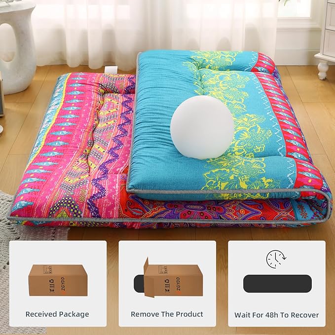 Bohemian Retro Japanese Floor Mattress, Vintage Floral Tatami Floor Mat, Portable Roll up Futon Mattress for Guest,Tavel (D,Twin 80" x 36")
