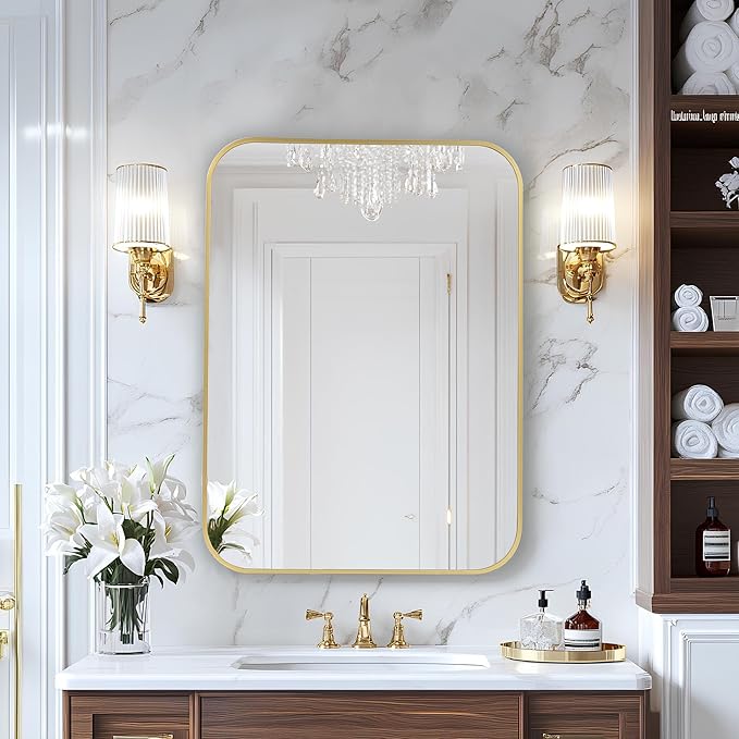 MZON 22x30 Inch Brushed Gold Vanity Mirror, Rectangle Bathroom Mirrors for Over Sink, Anti-Rust Frame & Tempered Glass, Hangs Horizontally/Vertically - Perfect for Farmhouse, Bedroom or Entryway Decor