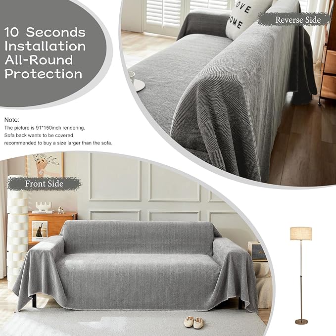 STACYPIK Jacquard Non Slip Sofa Cover for Dogs, Washable Dark Gray Couch Cover for Pets, Chenille Couch Covers for Sectional, Tassels Furniture Protector for 2 Cushion Sofa Throw Blankets-71X118IN