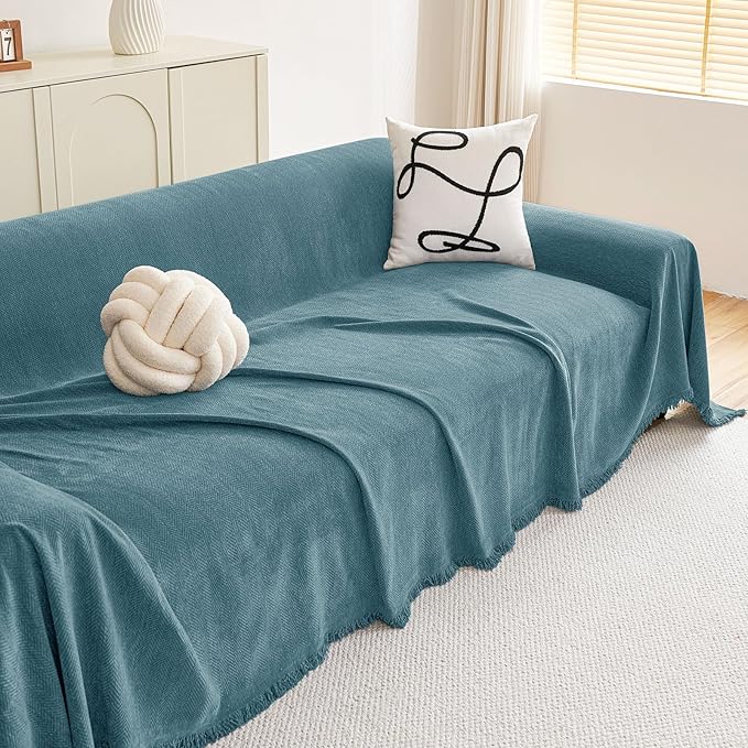 hyha Couch Cover for Dogs, Boho Sofa Covers for 3 Cushion Couch Washable, Chenille Sofa Slipcover for Pets, Soft Loveseat Sectional Couch Throw Blankets with Tassels (Blue, 71x118 Inch)