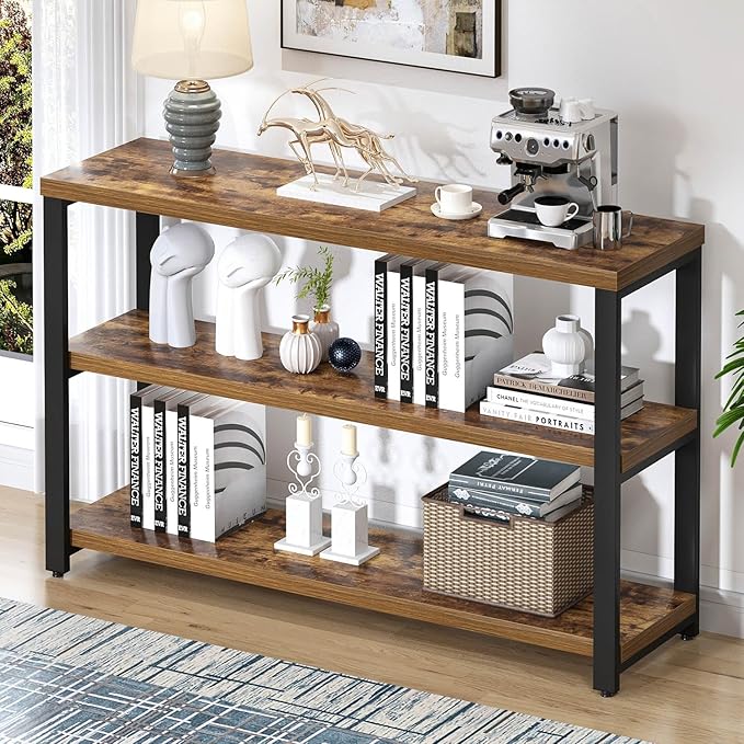 EXCEFUR Industrial Sofa Console Table, Entryway Table with 3 Tier Wood Storage Shelves, Foyer Table for Living Room Hallway Behind Couch, Rustic Brown