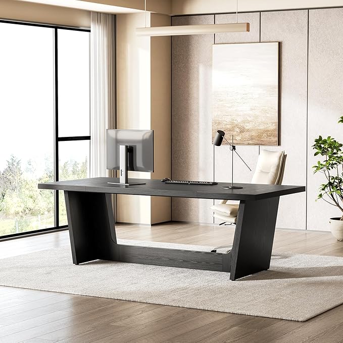 1Easylife 70.87 Inches Long Executive Desk, Black Wooden Computer Desk, Industrial Simple Study Writing Table, Large Workstation Business Furniture for Home Office
