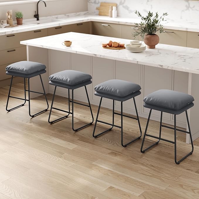 VASAGLE Bar Stools Set of 2, Counter Height Bar Stools, Leather Counter Stools Barstools with Soft Cushion and Metal Sled Legs, 25.6 Inches Bar Height Bar Chairs for Kitchen Island, Slate Gray