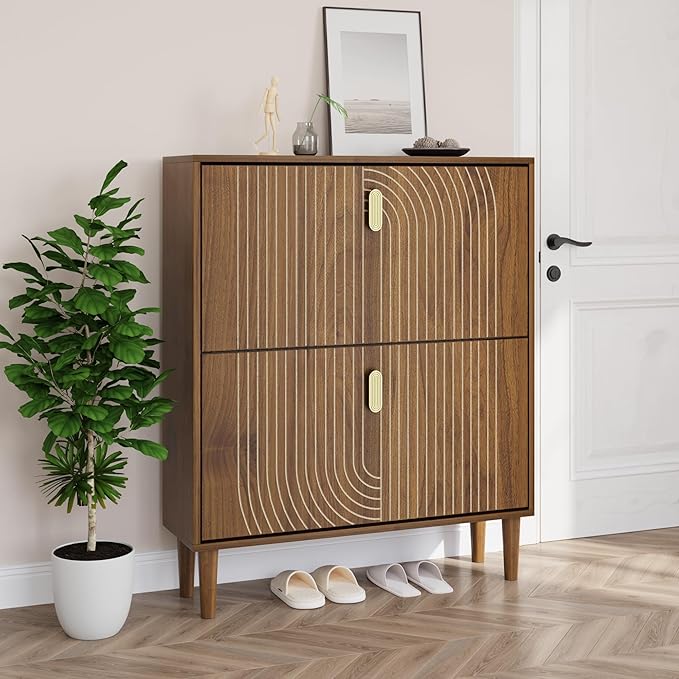Smuxee Shoe Cabinet with 2 Flip Drawers, 31.5" Walnut Hidden Shoe Storage Cabinet with Line Groove Design, Freestanding Shoe Organizer Cabinet for Entryway, Hallway, Living Room