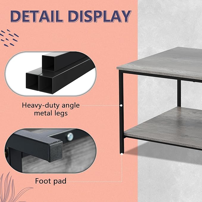 SENIG 2-Tier Coffee Table with Storage Shelf for Living Spaces, Grey Oak Rectangle Wood and Sturdy Metal Side End Table, Functional Center Table for Living Room, 39.3 x 20 x 16