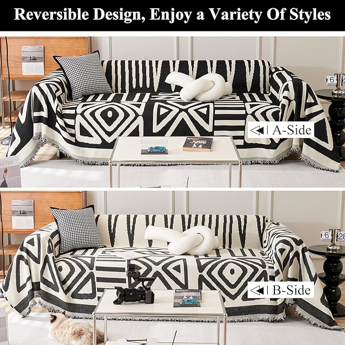 STACYPIK Boho Jacquard Sofa Cover for Dogs, Non Slip Black Geometric Triangle Couch Cover for 1 Seater, Armchair Slipcovers, Reversible Loveseat Cover, Multi-use Furniture Protector for Pets-71X71IN