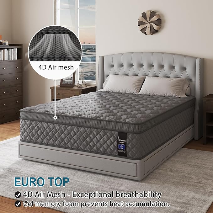Twin Mattress, 12 Inch Hybrid Mattresses Grey, Euro Top Mattress Medium Firm for Back & Lumbar Support, Individual Pocket Spring Bed for Motion Isolation & Pressure Relief