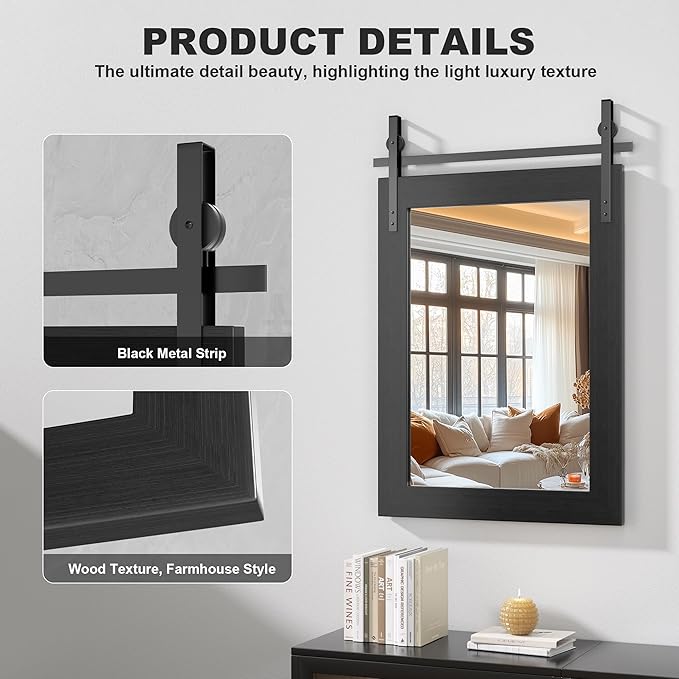 Hasipu Farmhouse Bathroom Mirror, 31"x31" Rustic Wood Framed Wall Mounted Mirror, Black Vintage Vanity Mirror Barn Door Style Decrative Mirrors