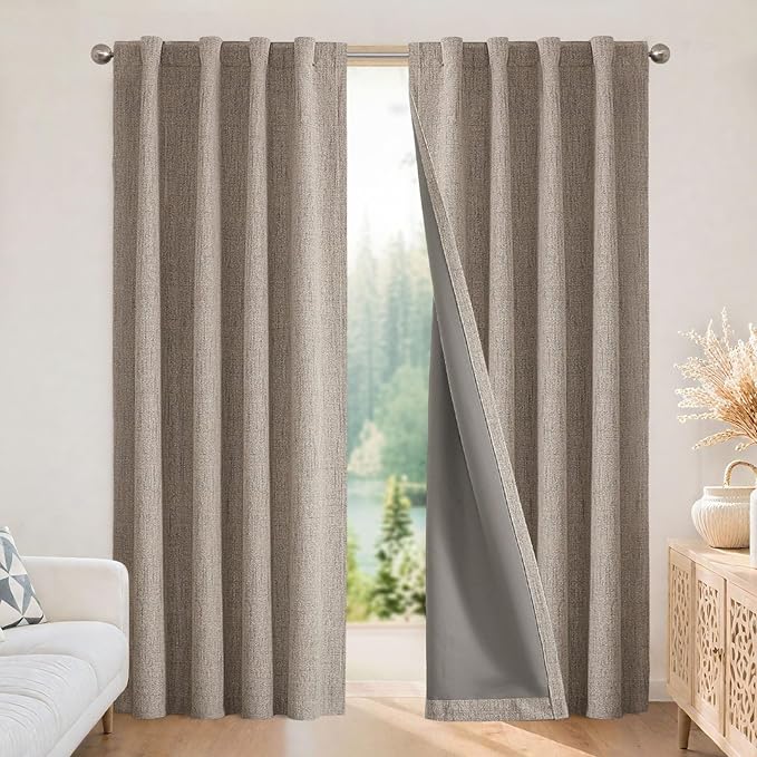 Joydeco 100% Blackout Curtains for Bedroom - Natural Linen Curtains 37"W x 72"L Long, Thermal Insulated 2 Panels Linen Light Blocking Drapes, Rod Pocket & Back Tabs, Darkening Privacy for Living Room
