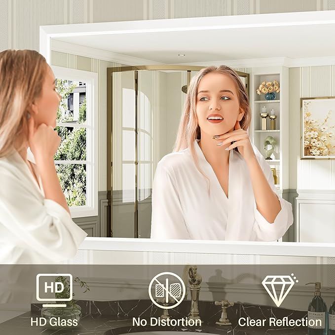 48x36 Inch White Bathroom Mirror for Wall, Thick Metal Framed Rectangle Mirrors for Over Sink, Bedroom, Living Room, Entryway, Anti-Rust, HD Tempered Glass