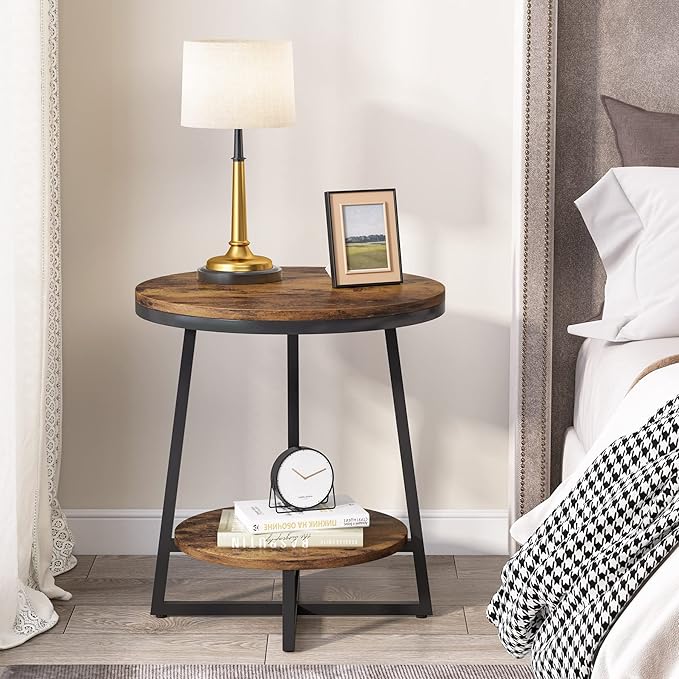 Tribesigns End Table, 2 Tier Round Side Table with Storage Shelf, Industrial Nightstand Bedside Table Coffee Accent Table for Living Room Bedroom Small Space, Rustic Brown