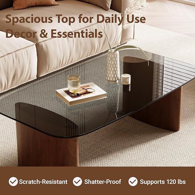 Modern Glass Coffee Table, Coffee Table for Living Room,Tempered Glass-top with Sturdy Wooden Base, Modern Coffee Tables for Small Space, Apartment, Office, Minimalist Design (Walnut)