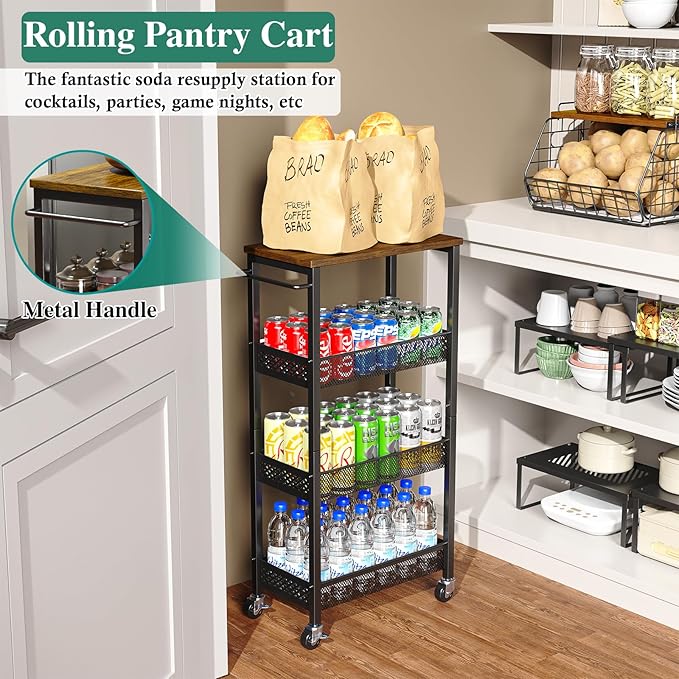 Utility Slim Storage Cart, 4-Tier Narrow Bathroom Organizer and Storage Cart, Metal Narrow Kitchen Laundry Room Organization Rack with Wood Top, Slim Rolling Shelf with Wheels for Small Space
