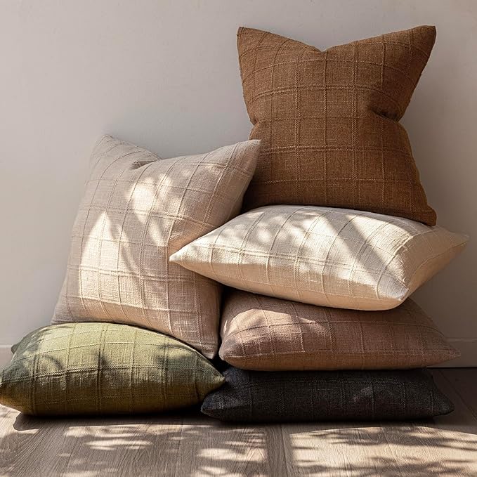 Foindtower Set of 2 Decorative Linen Check Throw Pillow Covers Neutral Farmhouse Vintage Cushion Covers Modern Boho Home Decor for Sofa Chair Couch Bedroom Living Room Outdoor,22×22 Inch,Brown Hazel