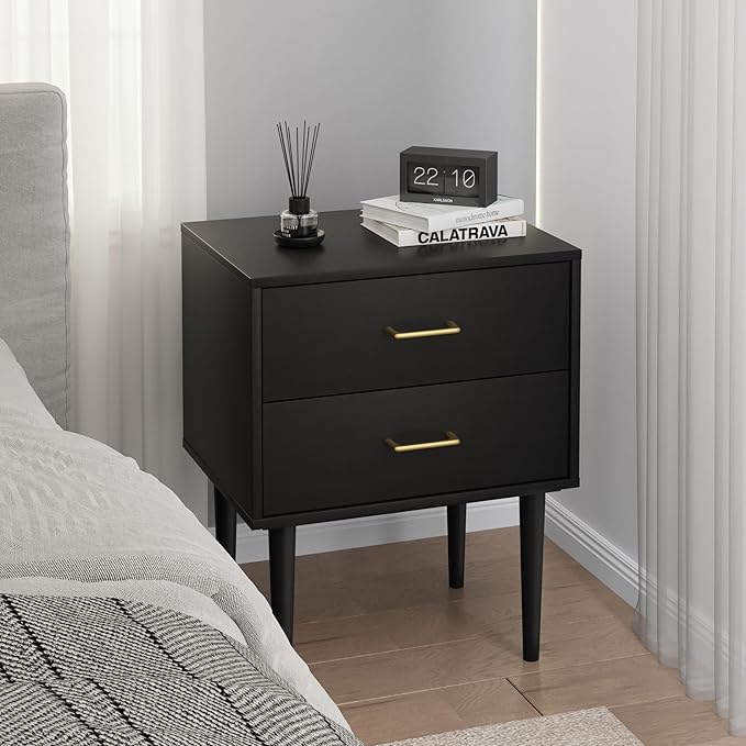 Smart FENDE 26 inch Tall Black Nightstand with 2 Drawers, ModernNight Stand Set of 2, Mid-Century Modern End Table, Wooden Bedside Table with Solid Wood Leg for Bedroom