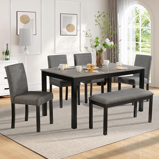 soges 6-Piece Kitchen Dining Table Set with Bench and Chairs, Dining Table Set for 6 with Bench, Wooden Table Set for Kitchen, Dining Room, Grey