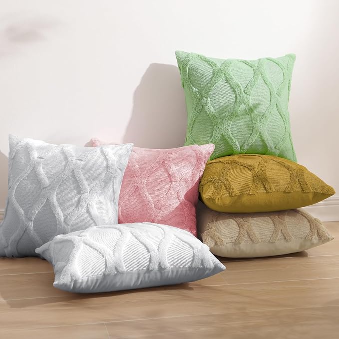 decorUhome Throw Pillow Covers 16x16 Inch Set of 2, Soft Plush Faux Fur Wool Khaki Couch Pillow Covers, Decorative Neutral Pillow Cases for Bed Sofa Living Room Home Decor