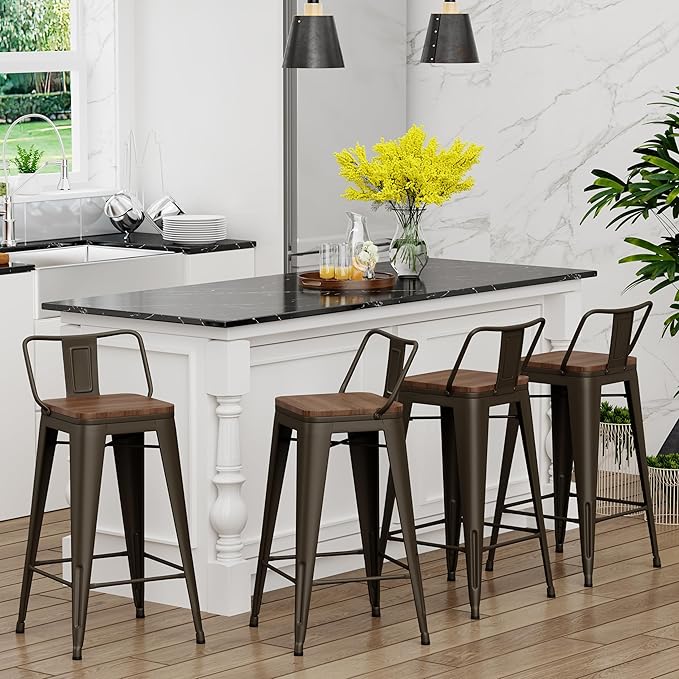 Yongchuang 30 inch Bar Stools Set of 4 Bar Height Metal Barstools with Wood Seat Low Back Kitchen Bar Chairs Gunmetal