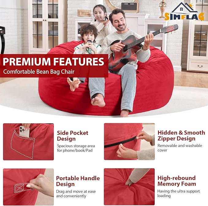 4FT Bean Bag Chair, Large Bean Bag Chairs with Memory Foam Filled, Fluffy Beanbag Sofa with Dutch Velvet Cover, Round BeanBag Chairs for Living Room, Playroom - Red