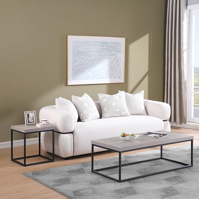 CENSI 47-Inch Grey Wash Accent Coffee Table/Center Table for Living Room, Rectangle Modern Industrial Style,Wood and Metal, Max.Loading 220 lbs. (French Oak)