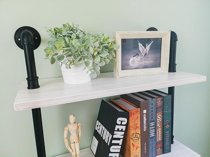 Industrial Ladder Pipe Shelves, Wall Mounted Wood Metal Rustic Bookshelf for Living Room (White, 6 Tier - 10" D x 24" W x 82.5" H)