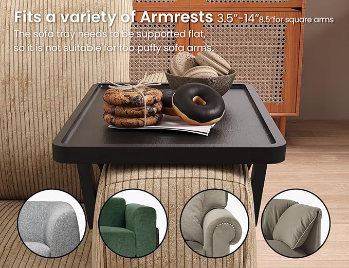 2 Pack Couch Arm Tray,Bamboo Folding Sofa Tray,Sofa Armrest Trays Clip-On Couch Desk for Drinks,Snacks,Phone,Remote Control（Black）