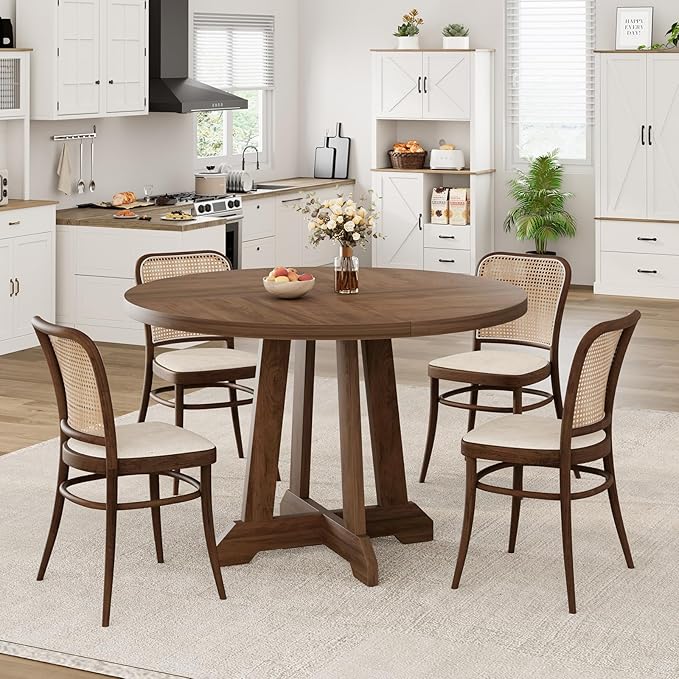 GarveeHome Round Dining Table for 4,Kitchen Dining Room Circle Dinner Pedestal Table,Space Saving Wood Kitchen & Dining Room Furniture,Brown 47-inch Diameter