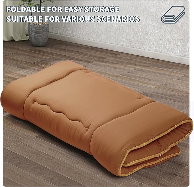 Japanese Floor Mattress,4" Thicken Japanese Floor Sleeping Pad Foldable,Futon Mattress Suitable for Camping and Guest Room (Khaki, Twin (80" x 36"))