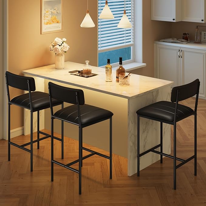 GarveeHome Bar Stools Set of 2, Upholstered Counter Height Bar Stools with Backrest and Footrest, Kitchen Barstools for Island, Counter Bar, Easy Assembly, Black