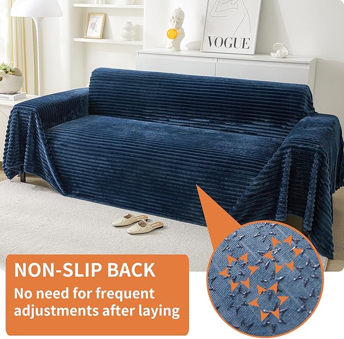 HAOMAIJIA Faux Fur Sofa Covers Couch Covers for 2 Cushion Couch Sofa Pet Friendly Soft Non Slip Couch Cover for Dogs Washable Sectional Couch Covers L Shape Furniture Protector (Navy Blue, 91"x118")