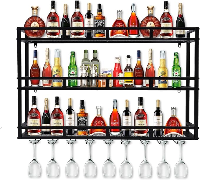 Metal Wine Rack Wall Mounted, Bar Shelves for Liquor Bottles with LED Light, 3 Tier Large Capacity Liquor Rack Wall Mounted with Glass Holder for Home Bar & Dining Room （Black, 79in/200cm）