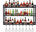 Metal Wine Rack Wall Mounted, Bar Shelves for Liquor Bottles with LED Light, 3 Tier Large Capacity Liquor Rack Wall Mounted with Glass Holder for Home Bar & Dining Room （Black, 59in/150cm）