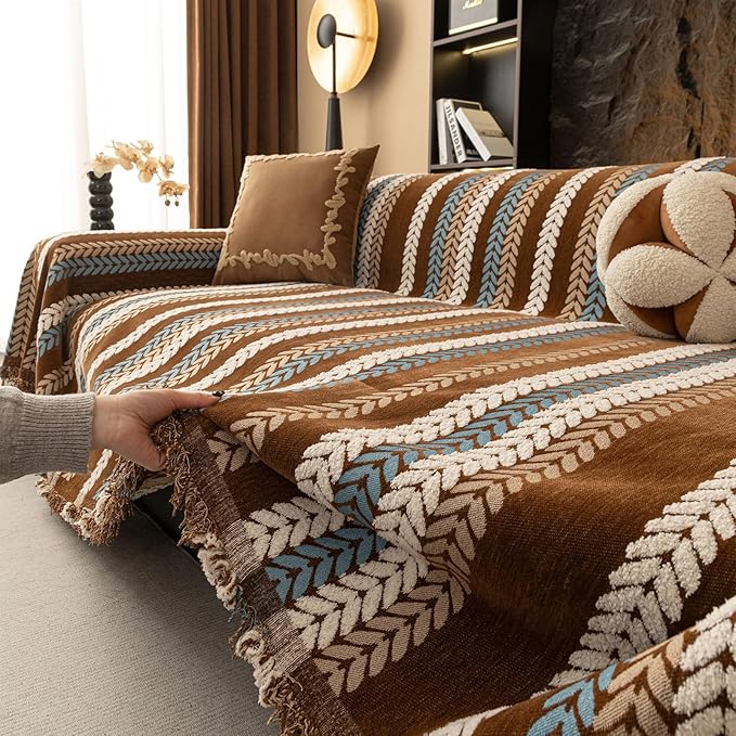 STACYPIK Khaki Jacquard Leaves Sofa Cover, Vintage Couch Cover for Dogs, Washable Pet Protector for 3 Cushion Couch, Non-slip Chenille Sofa Covers for Loveseat, Boho Couch Cover for Sectional-71X150IN