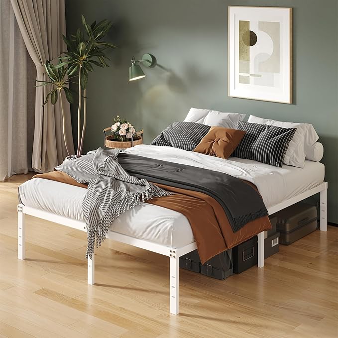 16 Inch White Full Size Bed Frame No Box Spring Need, Metal Platform Full Bed Frames with High Storage, Eassy Assembly 3,500 lbs Heavy Duty Bedframes