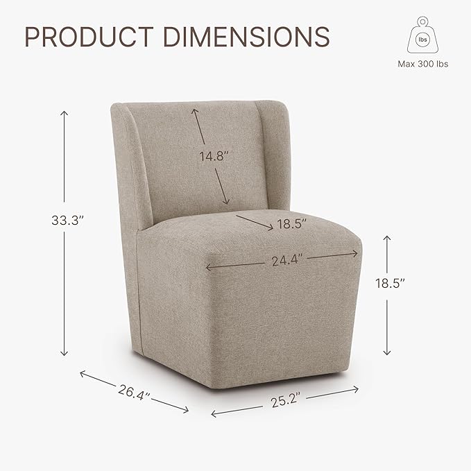 Upholstered Dining Chair with Casters Wingback Modern Side Armless Deskchair with Rollers for Diningroom Bedroom Livingroom Reading Room,Khaki,1 Box